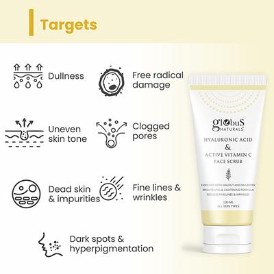 Globus Naturals Hyaluronic Acid & Vitamin C Anti Ageing Face Scrub, Enriched with Walnut & Mulberry 100 gm - Scrubs & Exfoliants