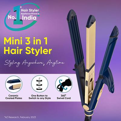 Vega 3 in 1 Mini Hair Styler Mini Hair Straightener, Mini Curler & Mini Hair Crimper, India's No.1 Hair Styler Appliance Brand, (VHSCC-06) 1's - Hair Dryers