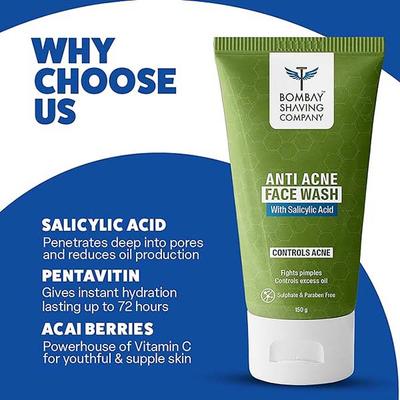 Bombay Shaving Company Anti Acne Facewash with Salicylic Acid, Controls Acne & Fights Pimples 150 gm - Face Washes