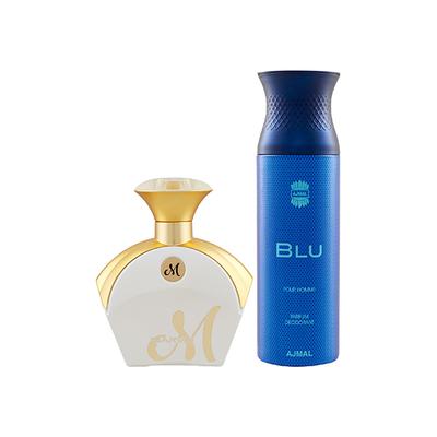 Maryaj M White For Her EDP Floral Fruity Perfume And Ajmal Blu Homme Deodorant Aquatic Woody Fragrance 290 ml - Perfumes (Edt/Edp)