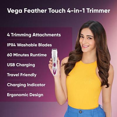 VEGA Feather Touch 4 In 1 Trimmer for Women, Eyebrows Nose Face & Bikini Area (VHBT-03) 1's - Shaving & Hair Removal