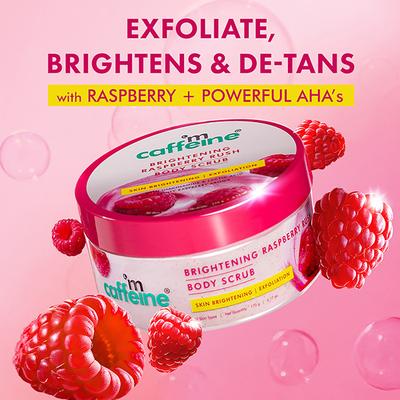 mCaffeine Brightening Raspberry Body Scrub - Tan Removal, AHAs Lactic and Glycolic Acid, Vit C Rich 175 gm - Scrubs & Exfoliants