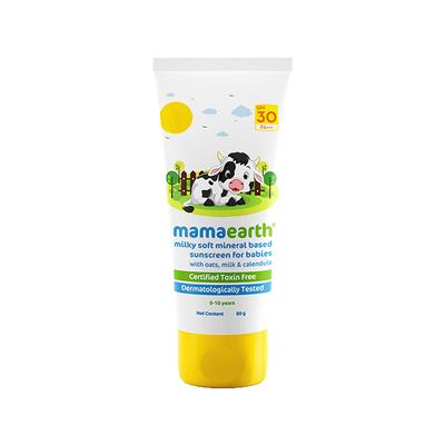 Mamaearth Milky Soft Mineral Based Sunscreen SPF 30 & PA+++ With Oats, Milk and Calendula for Babies - Made Safe Certified, Toxin Free 80 gm - Body Sunscreen