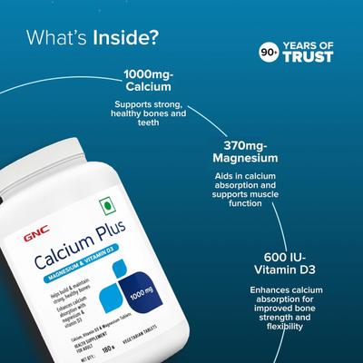 GNC Calcium Plus 1000 with Magnesium Vitamin D3 Vegetarian Tablets 180's - Calcium And Minerals