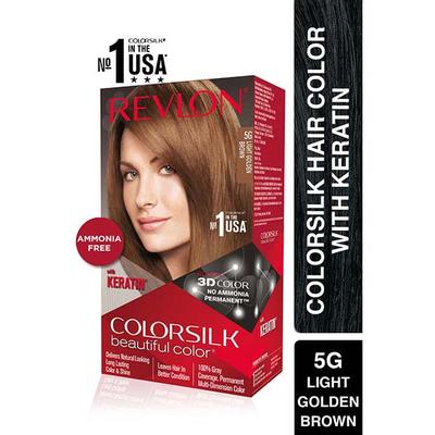 Revlon ColorSilk Beautiful Hair Color with Keratin 5G Light Golden Brown 91.8ml + Free Outrageous Shampoo 90ml - Crème