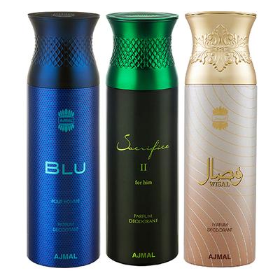 Ajmal Blu & Sacrifice II & Wisal Dahab Deodorant Spray - For Men (Pack Of 3) 200 ml - Men Perfumes (Edt/Edp)