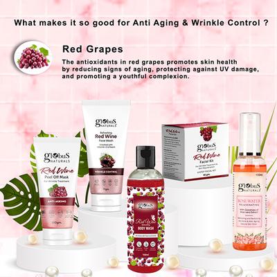 Globus Naturals Red Wine Festive Glow Gift Box - Face Wash 75gm, Peel Off Mask 100gm, Facial Kit 40gm and Body Wash 100gm, Rose Toner 100ml 1's - Makeup Kits & Sets