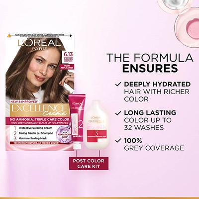 L'Oreal Paris Excellence Creme Hair Color, 6.13 Golden Brown (100gm + 72ml) 1's - Crème