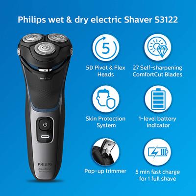 Philips Cordless Electric Shaver , 5D Pivot & Flex Heads, 27 Comfort Cut Blades (S3122/55) 1's - Shavers