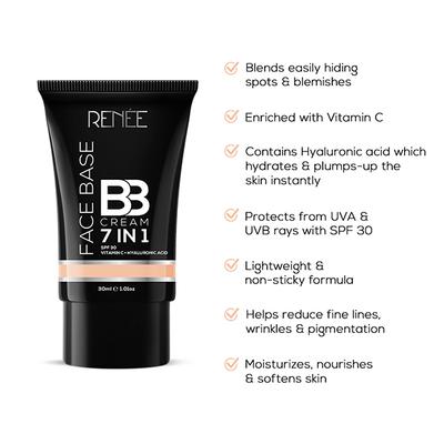 Renee Face Base BB Cream B01 Butterscotch 7In1 SPF 30 Vitamin + C Hyaluronic Acid 30ml - Bb & Cc Creams