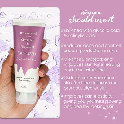 Glamveda Glycolic Acid & Salicylic Acid Anti Acne Face WashFor Anti Acne & Pore Care 100 ml - Face Wash & Cleansers