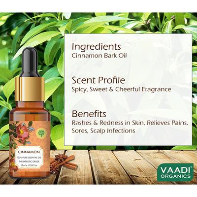 Vaadi Herbals Cinnamon Essential Oil - Soothes Skin Inflammation, Relieves Stress & Anxiety & Improves Concentration - 100% Pure Therapeutic Grade 10 ml - Essential Oils