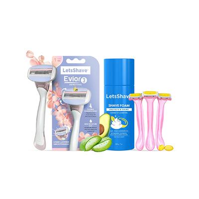 LetsShave Evior 3 Sensitive Razor 3's + Evior Whipped Shave Cream 150 gm - Women - Hair Removal Accessories