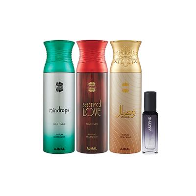 Ajmal Sacred Love & Raindrops & Wisal Deo & Ascend EDP Pack of 3 20 ml - Women Perfumes (Edt/Edp)