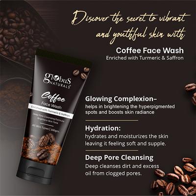 Globus Naturals Coffee Face Wash Enriched with Turmeric & Saffron, Deep Pore Cleansing 100 gm - Face Wash & Cleansers