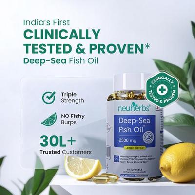 Neuherbs Deep Sea Fish Oil 2500 mg Soft Gel - Lemon 60's - Omega Fish Oil Fatty Acids