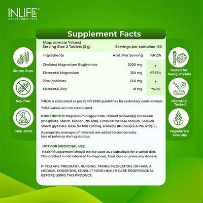 INLIFE Magnesium Glycinate with Zinc 2000 mg Tablets 60's - Calcium And Minerals