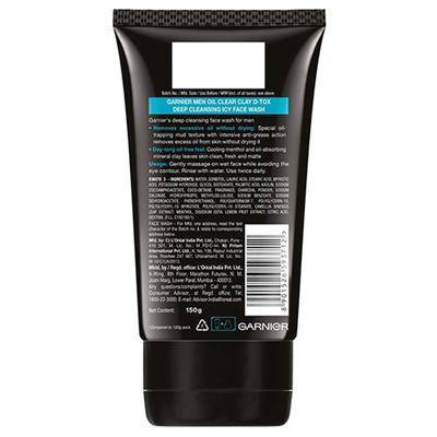 Garnier Men Oil Clear Clay D-Tox Deep Cleansing Icy Face Wash Mineral Clay+Menthol 150gm - Face Washes