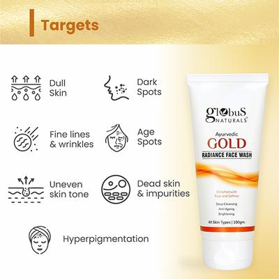 Globus Naturals Gold Radiance Anti Ageing & Brightening Face Wash Enriched with Saffron & Rose 100 gm - Face Wash & Cleansers