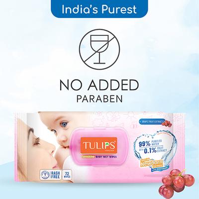 Tulips Sensitive Baby Wet Wipes With LID Grape Extract 72's - Cotton Buds & Balls