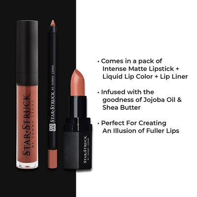 Star Struck by Sunny Leone Caramello Lip Kit Lipstick and Lip Gloss and Lip Liner 3's - Lipsticks