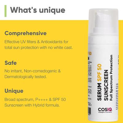 Cos-IQ Outdoor Sunscreen Serum SPF 50 PA triple plus Broad Spectrum UVA UVB and IR Protection Zero White 30 ml - Face Sunscreen