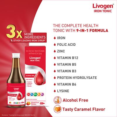 LIVOGEN IRON TONIC ALCOHOL FREE MIXED FRUIT FLAVOUR Syrup 200ml - Supplements-Vam