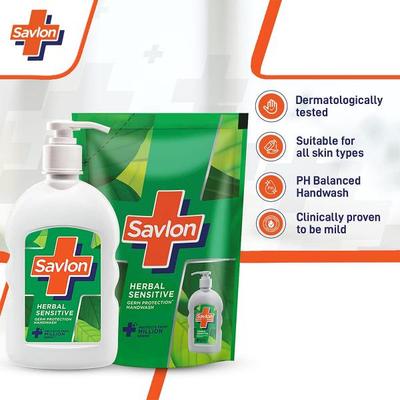 Savlon Herbal Sensitive Liquid Handwash 200ml Pump + (2 X 175ml ) Refill Pouch Combo - Hand Wash & Soaps