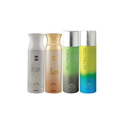 Ajmal 1 Evoke Silver Edition For Him, 1 Wisal, 1 Nightingale And 1 Distraction Deodorants Pack of 4 200 ml - Deodorants/Roll-Ons