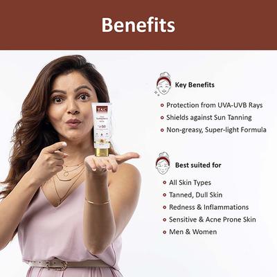 TAC - The Ayurveda Co. Sunscreen SPF 50 for UVA & UVB Sun Protection With Eladi, Neem & Aloevera, Quick Drying & Water-Resistant 50 gm - Body Sunscreen