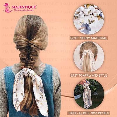 Majestique Hair Scarf Scrunchies Printed Satin Scrunchies Elastic Hair Ribbon Hair Ties Bow Scrunchies - White 1's - Hair Clips/Bands