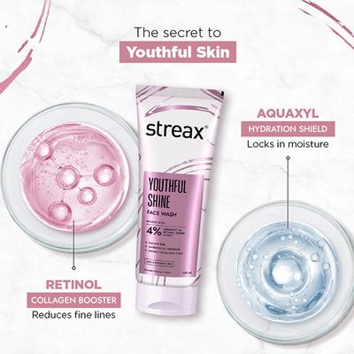 Streax Skin Youthful Shine Face wash cleanser 4% Aquaxyl & Retinol serum complex 100 ml - Scrubs & Exfoliants