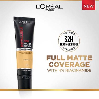 L'Oreal Paris Infallible 32H Matte Cover Liquid Foundation - 105 Cool Undertone 30 ml - Foundation