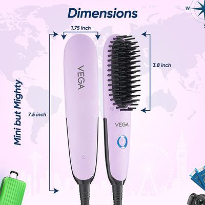 Vega Mini Hair Straightener Brush for Women with Thermoprotect Technology, Ceramic Coated Bristles & 2 Heat Settings, (Go Mini Series, VHSB-05) 1's - Hair Combs