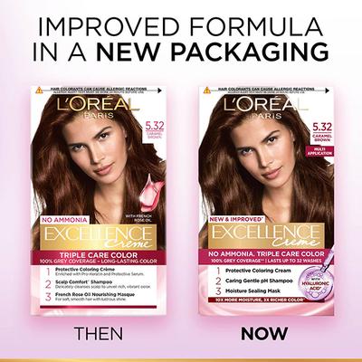 Loreal Paris Excellence Creme Hair Color No Ammonia with French Rose Oil Triple Care Color, 5.32 Caramel Brown 100gm+72ml 1's - Crème