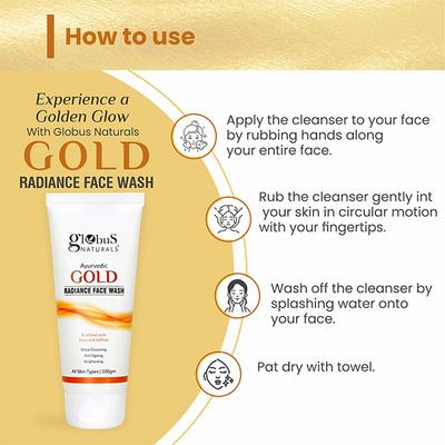 Globus Naturals Gold Radiance Anti Ageing & Brightening Face Wash Enriched with Saffron & Rose 100 gm - Face Wash & Cleansers