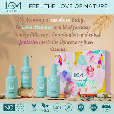 Love Momma 4 Bottles + Napkins Gift Hamper for Baby Care (Baby Shampoo, Hair Oil, Body Butter, Body Wash) 1's - Baby Shampoo