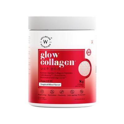 Wellbeing Nutrition Glow Pure Marine Collagen with Glutathione Supplements, Resveratrol, Bromelain and Goji Berry- Tropical Bliss Flavor 250 gm - Hair & Skin