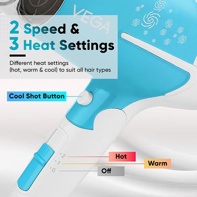 Vega U Style 1600W Foldable Hair Dryer for Women & Men with 2 Speed 3 Heat Settings, (VHDH-32) 380 g - Hair Dryers