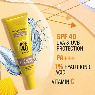 Faces Canada Tinted Sunscreen, SPF 40 PA+++, 1 Percent Hyaluronic Acid and Vitamin C, No White Cast 30 gm - Body Sunscreen
