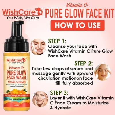WishCare Vitamin C+ Pure Glow Face Wash - with Vitamin C Hyaluronic Acid Niacinamide Oranges Calendula & Turmeric 150 ml - Face Washes