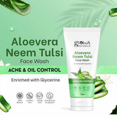 Globus Naturals Acne Face Wash Combo, Aloe Vera Neem Tulsi Face Wash & Kesar Chandan Face Wash, 75gm each 2's - Face Wash & Cleansers