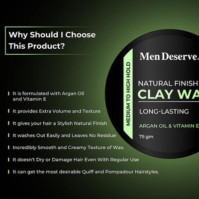 Men Deserve Hair Clay Wax for Natural and Matte Finish Look 75 gm - Hair Gels & Waxes