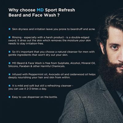 Men Deserve Sport Refresh Beard & Face Wash Infusion with Peppermint Oil Avocade Oil, Cedarwood Oil Sulphate Free, Paraben Free 100ml - Beard Wash