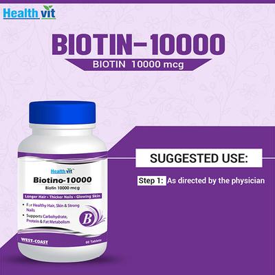 Healthvit Biotino-10000 Biotin 10000 mcg for Longer Hair, Glowing Skin and Thicker Nails - Tablets 60's - General Health