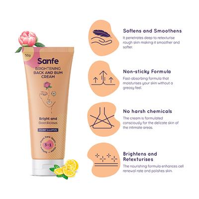 Sanfe Brightening Back and Bum Cream - Peony & Lemon 50 gm - Stretch Mark Cream