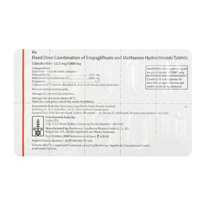 Gibtulio Met 12.5/1000mg Tablet 10'S - Diabetes-Ant