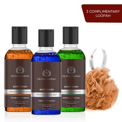 The Man Company Body Wash with Patchouli & Sea Salt Bergamot & Mandarin Aloe Vera & Matcha SLS & Paraben Free 250ml x 3 (With Free 3 Complementary Loofah) 1000 gm - Shower Gels & Body Wash