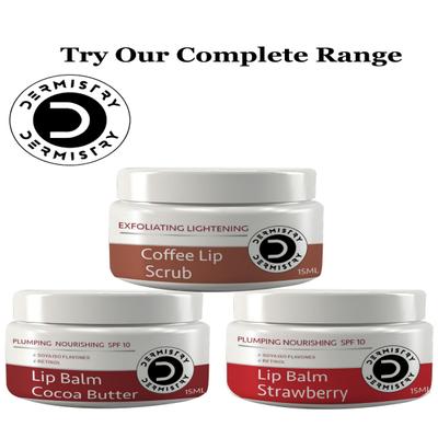 Dermistry Plumping Nourishing SPF 10 Lip Balm Strawberry 15 ml + Exfoliating Lightening Coffee Lip Scrub 15 ml - Lip Scrubs