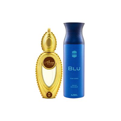 Ajmal Wisal Dhahab EDP Fruity Floral Perfume And Blu Homme Deodorant Aquatic Woody Fragrance 250 ml - Men Perfumes (Edt/Edp)